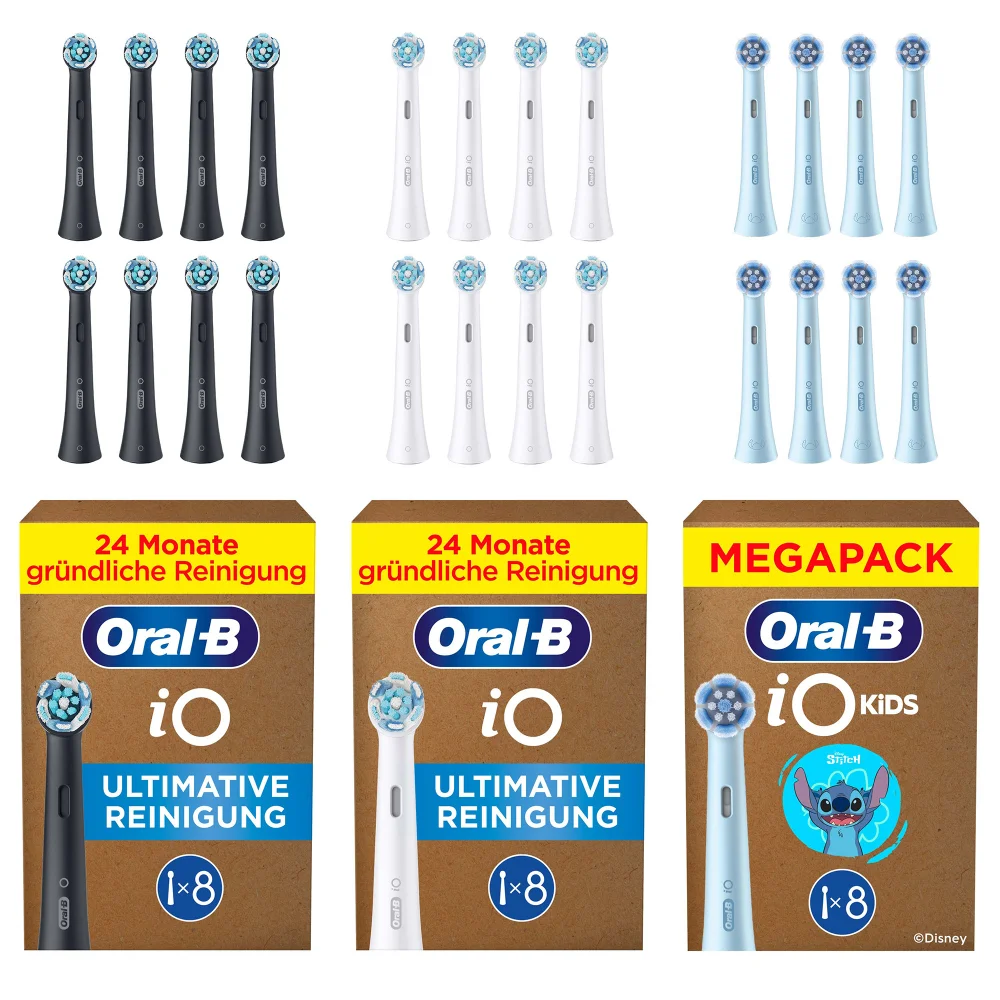 Oral-B iO Ultimative Reinigung Aufsteckbürsten 8er schwarz + 8 Aufsteckbürsten weiß + 8 iO Kids Stitch Aufsteckbürsten Bild 1