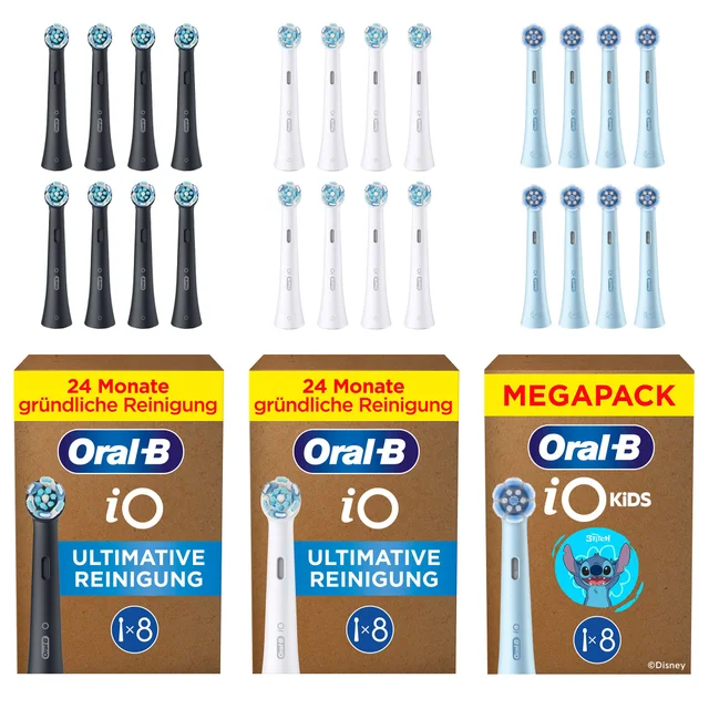 Oral-B iO Ultimative Reinigung Aufsteckbürsten 8er schwarz + 8 Aufsteckbürsten weiß + 8 iO Kids Stitch Aufsteckbürsten