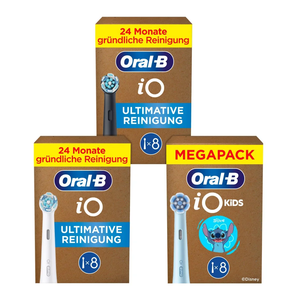 Oral-B iO Ultimative Reinigung Aufsteckbürsten 8er schwarz + 8 Aufsteckbürsten weiß + 8 iO Kids Stitch Aufsteckbürsten