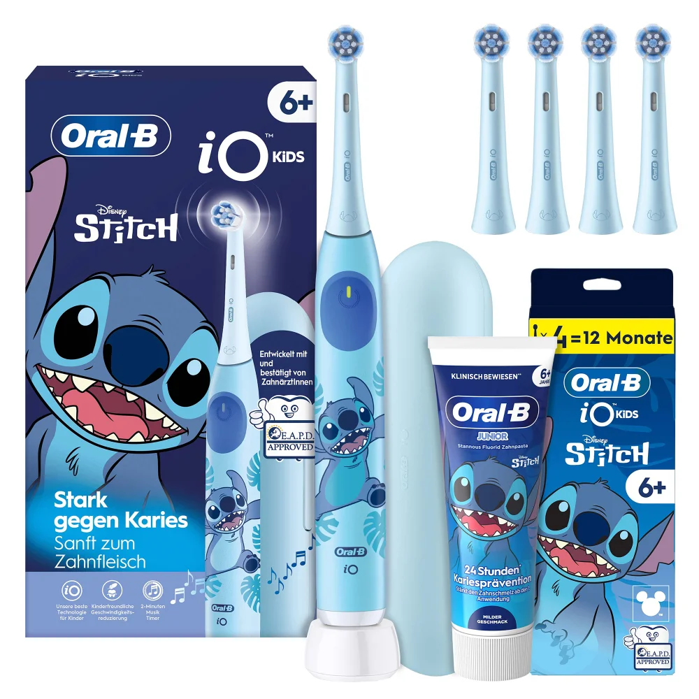 Oral-B iO Kids 6+ mit Reiseetui Stitch + 4 iO Aufsteckbürsten Kids Stitch + Stitch Junior Zahncreme Bild 1