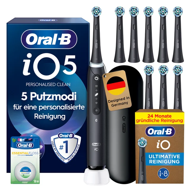 Oral-B iO Series 5 Matt Black + 8 Ultimative Reinigung Aufsteckbürsten + Essential Floss Zahnseide