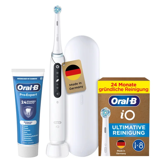 White Care Set: Oral-B iO Series 5 Quite White mit 8 iO Aufsteckbürsten & Zahncreme