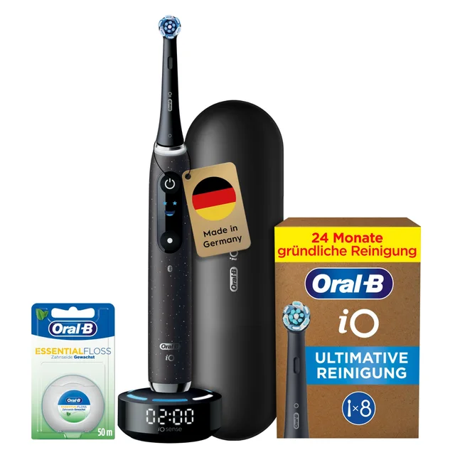 Premium Black Edition: Oral-B iO Series 10 Cosmic Black mit 8 iO Aufsteckbürsten & Zahnseide