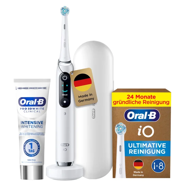 Premium Whitening Set: Oral-B iO Series 9 White mit 8 iO Aufsteckbürsten & Whitening Zahnpasta