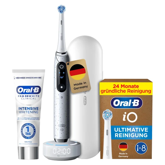 Premium Whitening Bundle: Oral-B iO Series 10 Stardust White mit 8 iO Aufsteckbürsten
