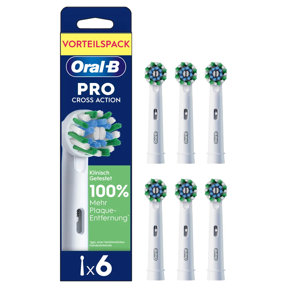 Oral-B PRO Cross Action Aufsteckbürsten im Vorteilspack mit 6 Stück, hervorgehoben wird "100% Mehr Plaque-Entfernung".