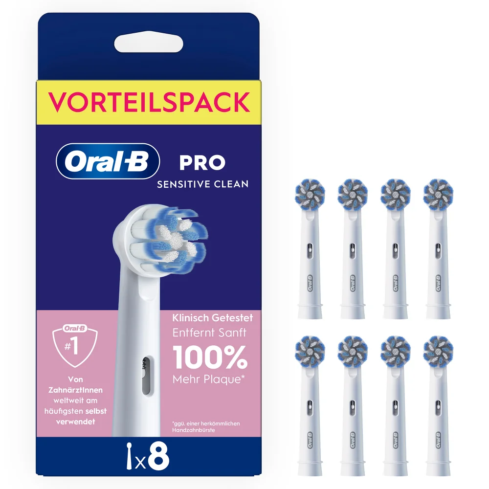 Oral-B PRO Sensitive Clean Aufsteckbürsten im Vorteilspack mit 8 Stück, klinisch getestet und für sanfte Entfernung von 100% mehr Plaque.