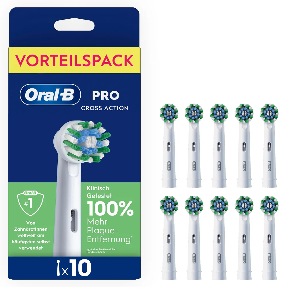 Oral-B PRO Cross Action Aufsteckbürsten im Vorteilspack, mit der Aufschrift "100% mehr Plaque-Entfernung".