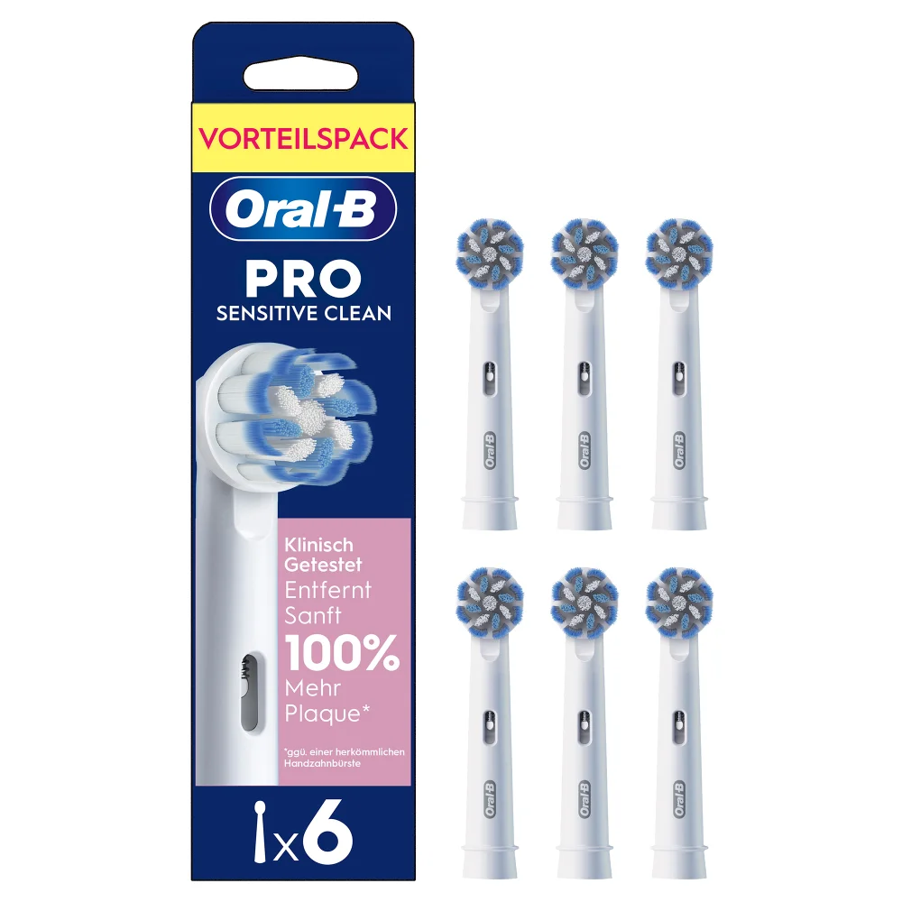 Oral-B PRO Sensitive Clean Aufsteckbürsten im Vorteilspack mit sechs Stück, hervorgehoben die 100% Plaqueentfernung.