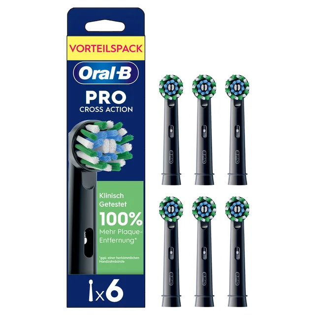 Oral-B Pro Cross Action Aufsteckbürsten im Vorteilspack mit 6 Stück, hervorgehoben die klinisch getestete 100% Mehr Plaque-Entfernung.