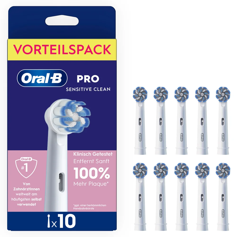 Oral-B Pro Sensitive Clean Aufsteckbürsten im Vorteilspack mit dem Hinweis "Entfernt sanft 100% mehr Plaque".