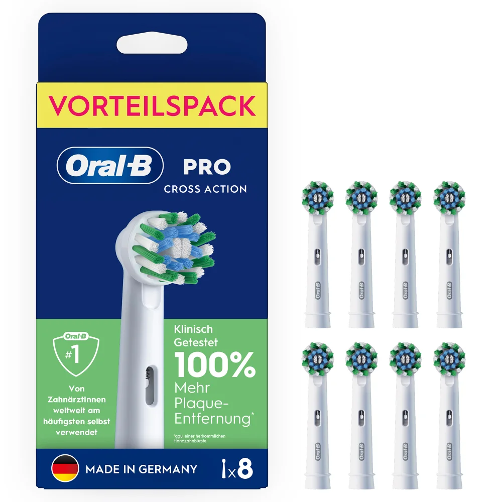 Oral-B PRO Cross Action Aufsteckbürsten im Vorteilspack mit dem Hinweis "Klinisch Getestet 100% Mehr Plaque-Entfernung".