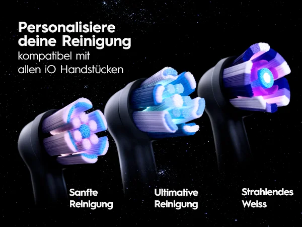 Nahaufnahme eines iO Bürstenkopfs mit leuchtenden Kreisen, die angetriebene Borsten hervorheben