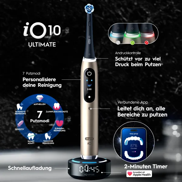 iO10 Gold Zahnbürste mit Vorteilen: 7 Putzmodi und Andruckkontrolle