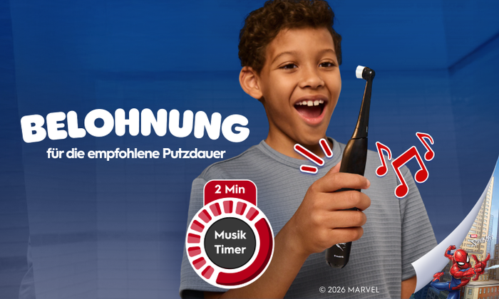 Lachendes Kind hält die Oral-B iO Kids 6+. Musiknoten demonstrieren den 2-Minuten Musik-Timer.