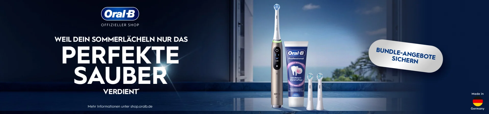 Werbebanner des Oral-B Official Shops mit einer Oral-B iO elektrischen Zahnbürste, zwei Aufsteckbürsten und Oral-B Professional Zahnpasta. Beworben werden Sommer-Bundle-Angebote.