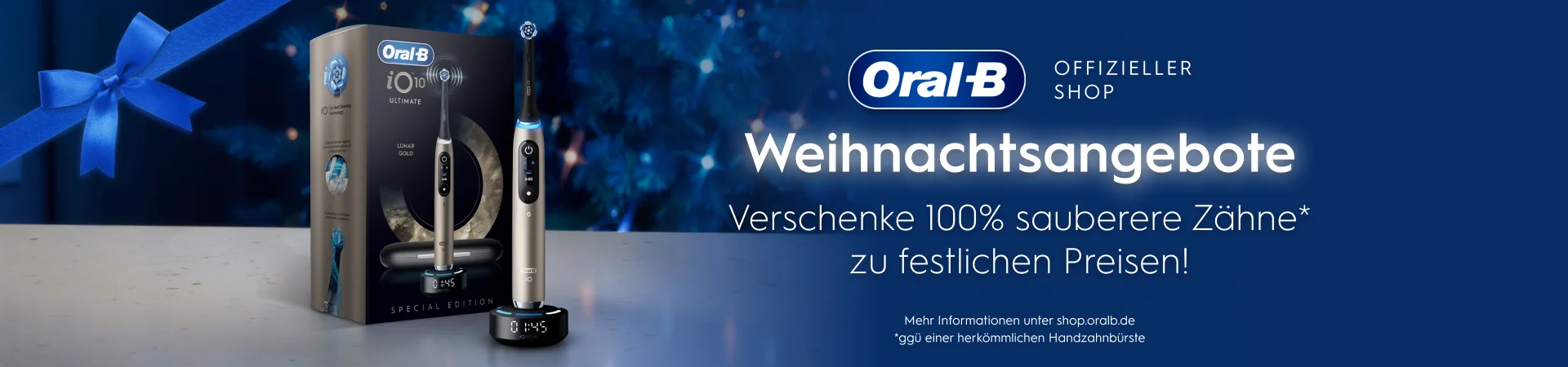Weihnachtlicher Banner mit einer Oral-B iO10 Gold elektrischen Zahnbürsten der Weihnachtsangebote kommuniziert