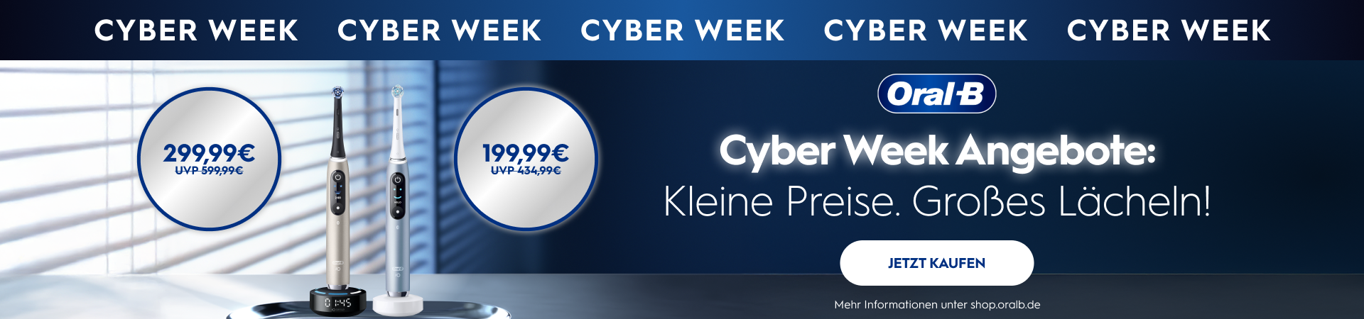 Werbebanner von Oral-B mit 2 elektrischen Zahnbürsten, wo Informationen zu Preis-Angebote während der Cyber Week angezeigt werden.