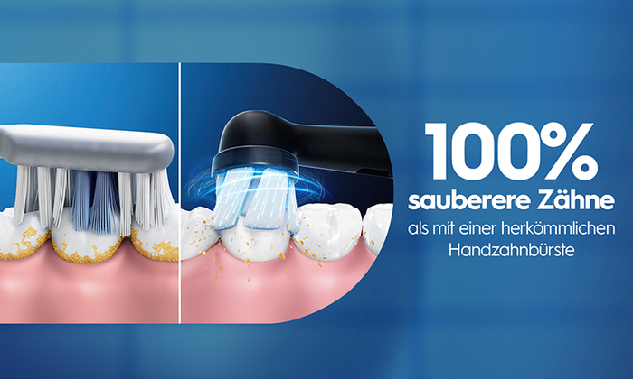 Vergleich zwischen Handzahnbürste und Oral-B Elektrobürste mit 100 % saubereren Zähnen