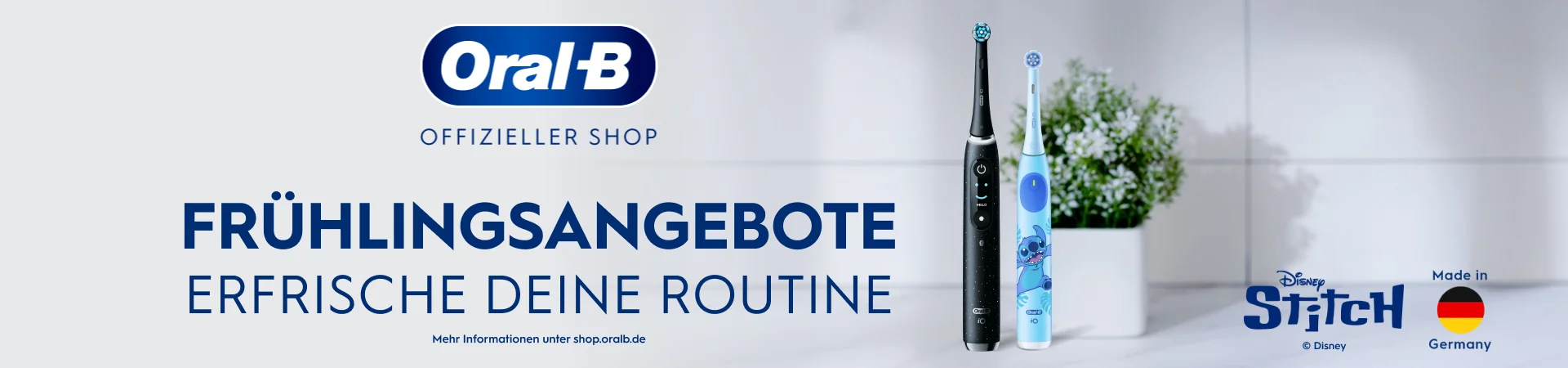 Oral-B offizieller Shop – Frühlingsangebote: Erfrische deine Routine. Mehr Informationen unter shop.oralb.de. Disney Stitch Edition, Made in Germany, featuring two Oral-B electric toothbrushes including a Stitch-themed design.